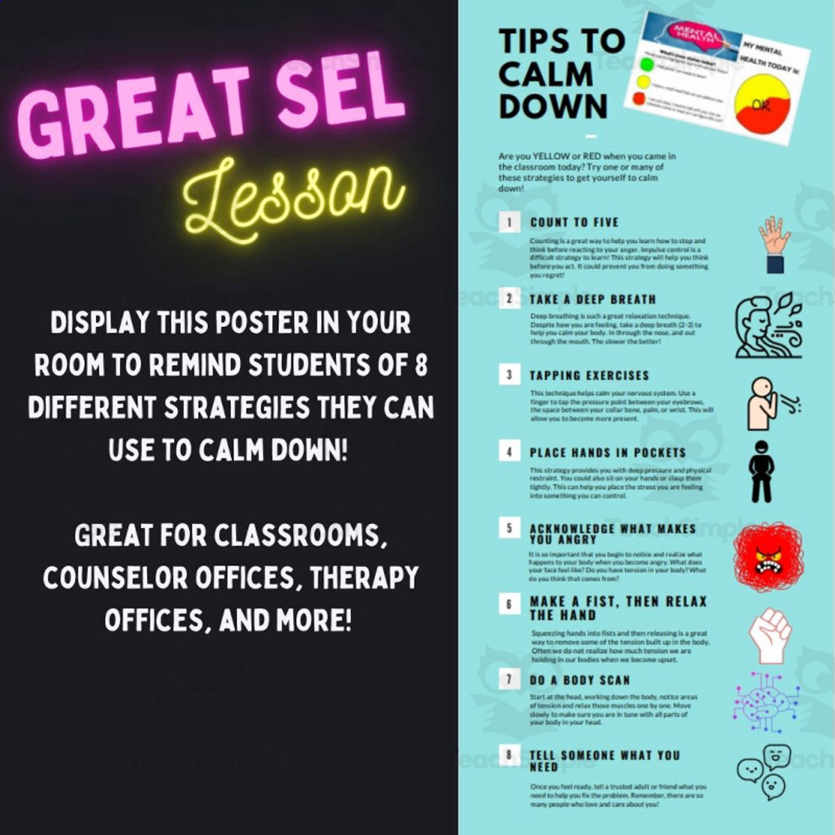 An educational teaching resource from Mrs Bonie Just Teach entitled Tips to Calm Down Poster- 8 Techniques to Help Students Calm Down downloadable at Teach Simple.