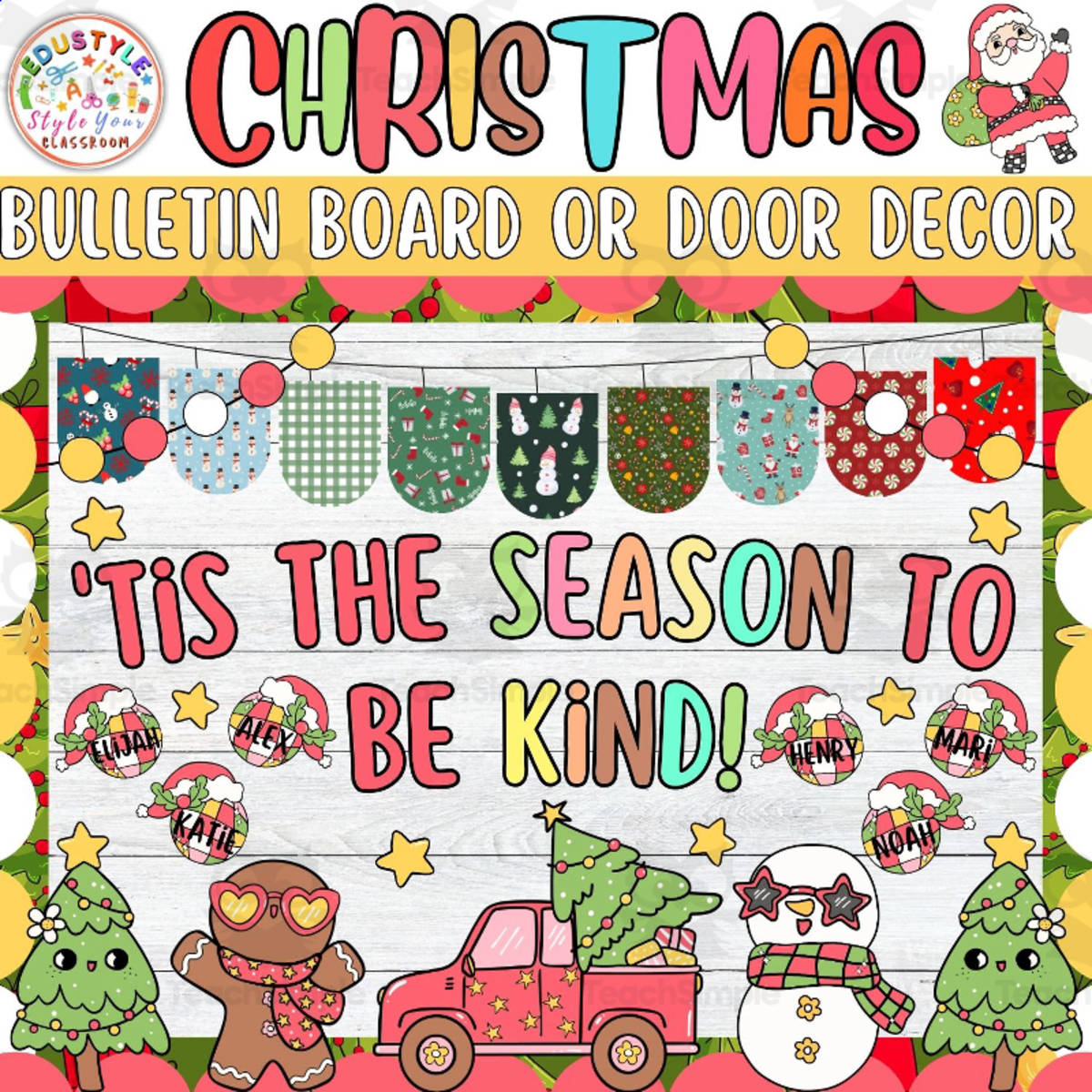 An educational teaching resource from Style Your Classroom entitled 'Tis the Season to: Retro Christmas Bulletin Board or Door Decor Kit downloadable at Teach Simple.