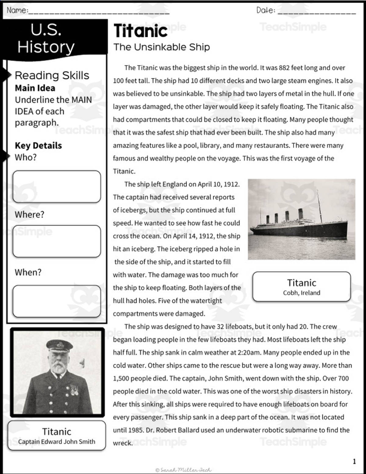 An educational teaching resource from Sarah Miller Tech entitled Titanic Reading Packet downloadable at Teach Simple.