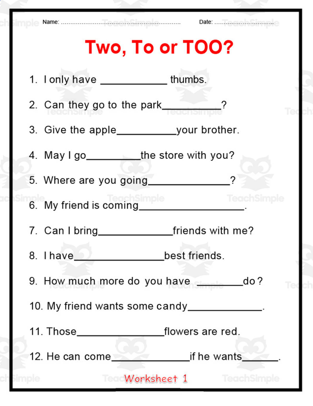 An educational teaching resource from Elementary Resources 4 U entitled To, Two, Two Worksheets downloadable at Teach Simple.