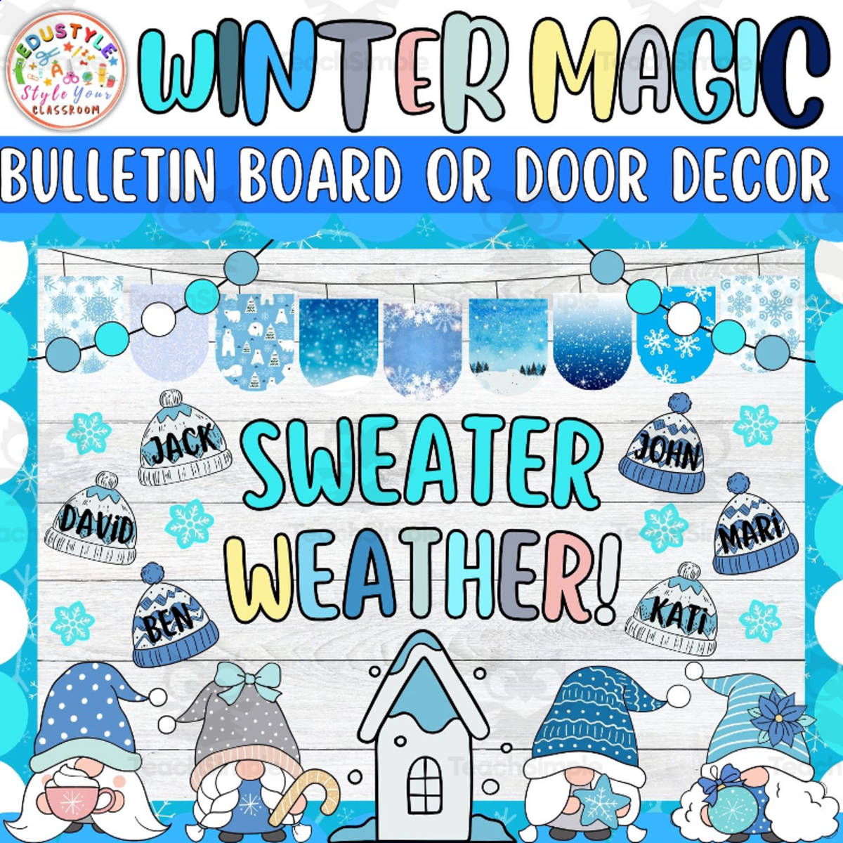 An educational teaching resource from Style Your Classroom entitled Together Were Snow: Gnome Winter Bulletin Board or Door Decor Kit downloadable at Teach Simple.