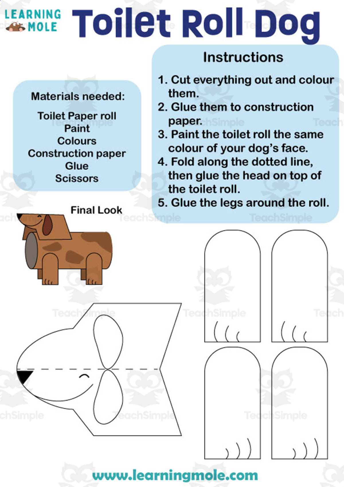 An educational teaching resource from Educational Voice entitled Toilet Roll Dog Activity downloadable at Teach Simple.