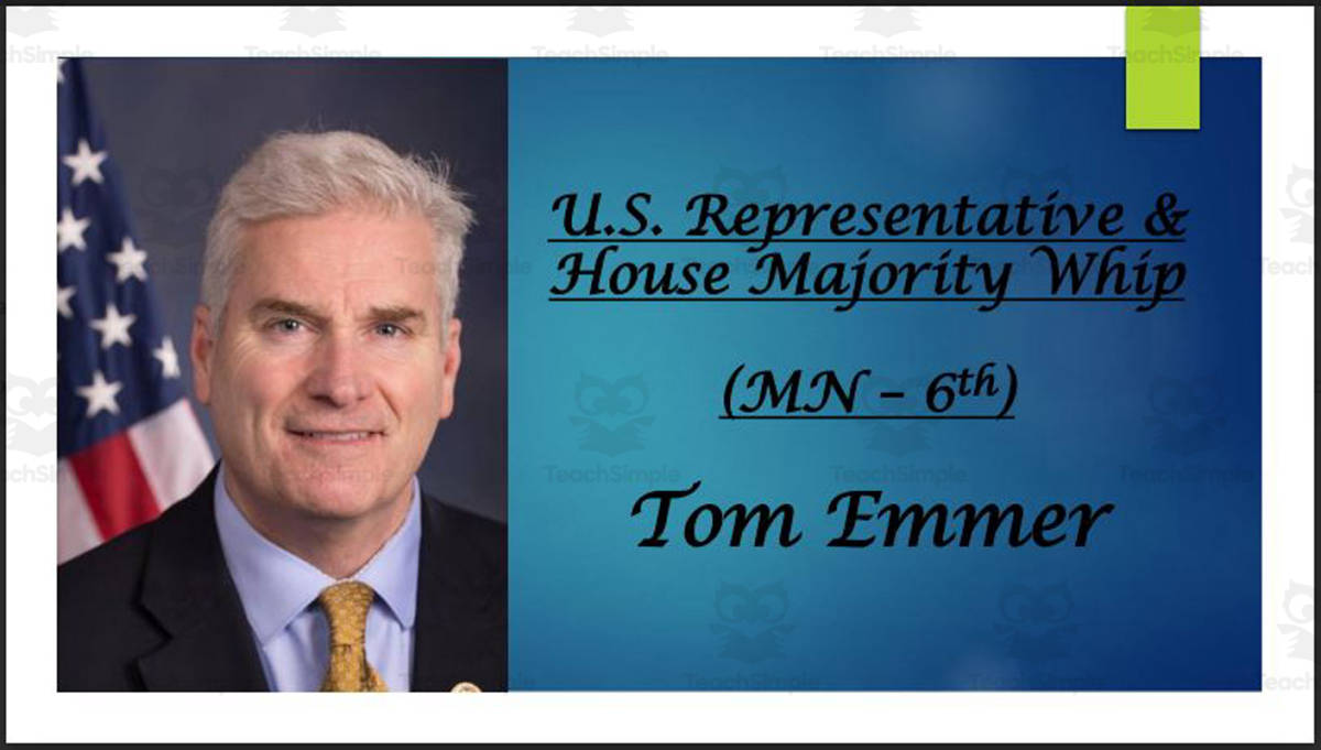 An educational teaching resource from Mr. Matthews Teacher Store entitled Tom Emmer (House Majority Whip & U.S. Representative: MN - 6th) BIO PPT downloadable at Teach Simple.