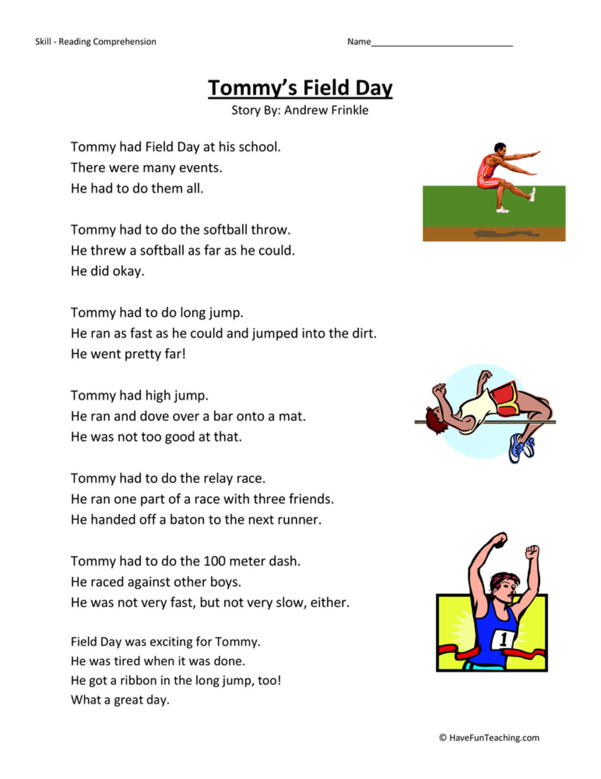 An educational teaching resource from Have Fun Teaching entitled Tommy's Field Day Reading Comprehension Worksheet downloadable at Teach Simple.