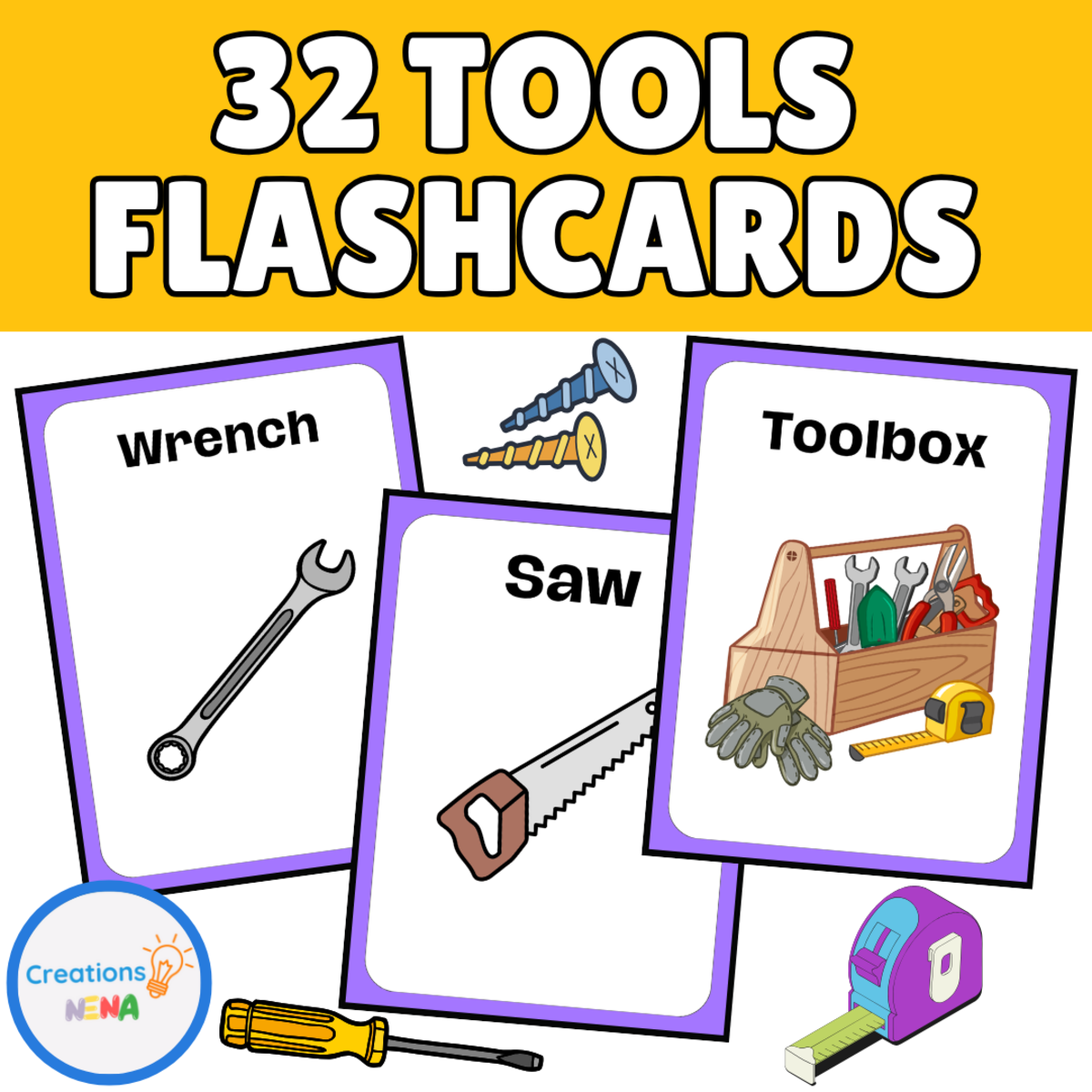 An educational teaching resource from Nena Creations entitled Tools Vocabulary Flashcards downloadable at Teach Simple.