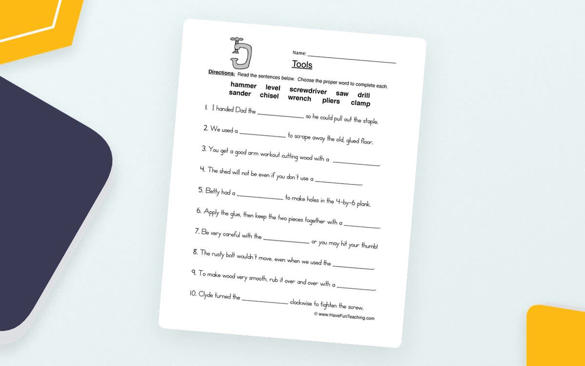 An educational teaching resource from Have Fun Teaching entitled Tools Worksheet downloadable at Teach Simple.