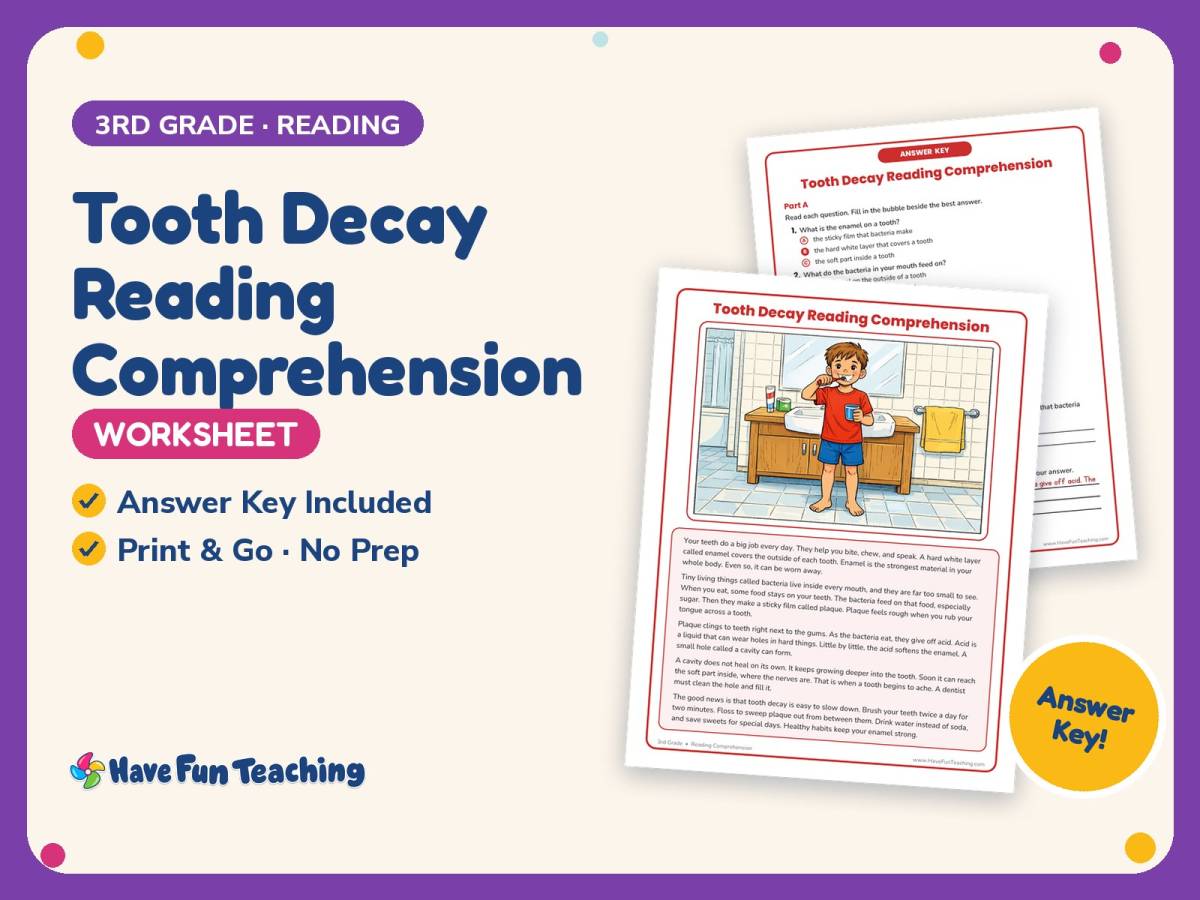 Tooth Decay Reading Comprehension Worksheet – 3rd Grade Practice preview