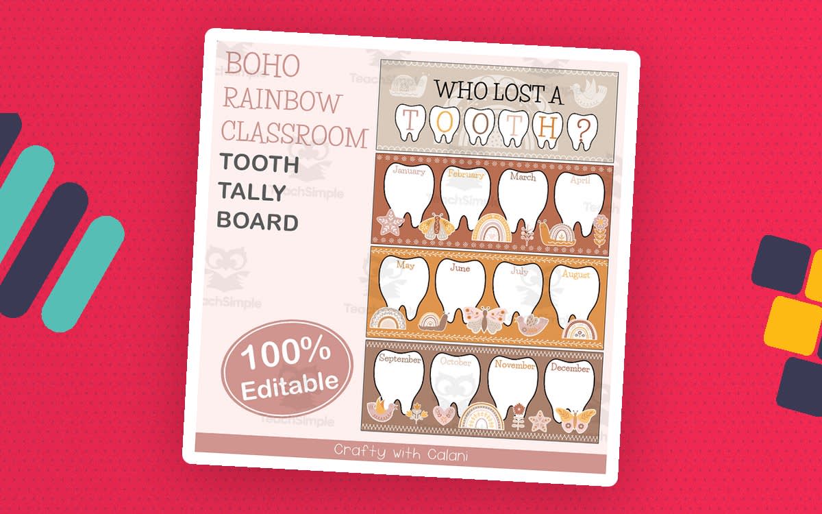 An educational teaching resource from Crafty with Calani entitled Tooth Tally Board in Boho Rainbow Theme - 100% Editable downloadable at Teach Simple.