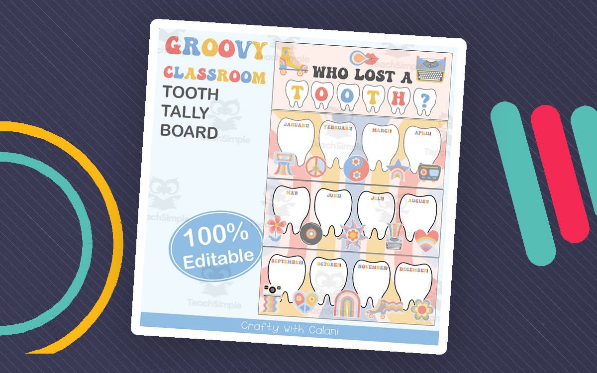 An educational teaching resource from Crafty with Calani entitled Tooth Tally Board in Pastel Groovy Theme - 100% Editable downloadable at Teach Simple.