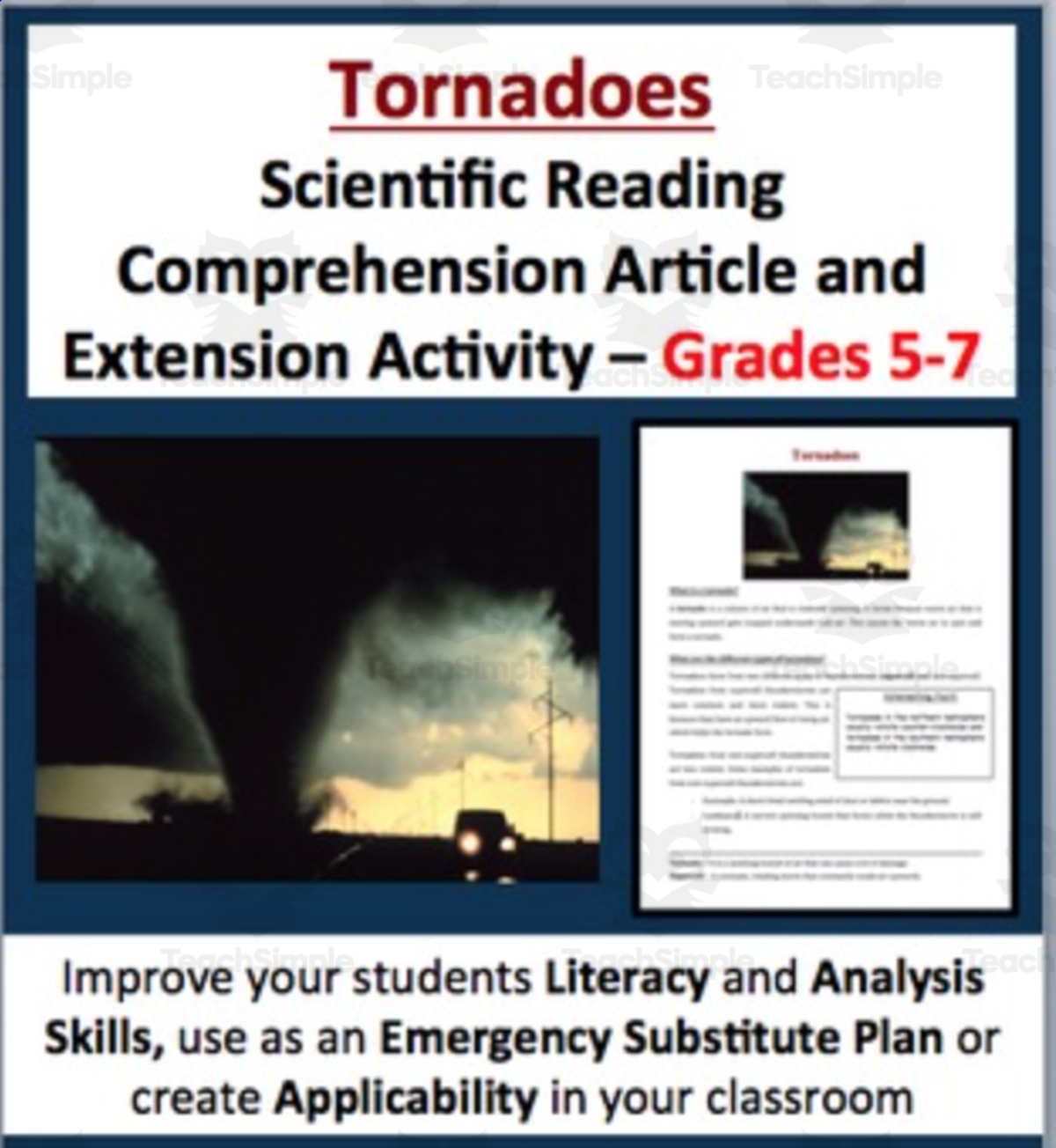 An educational teaching resource from Teach With Fergy entitled Tornadoes - Digital Scientific Reading Comprehension Article – Grades 5-7 downloadable at Teach Simple.