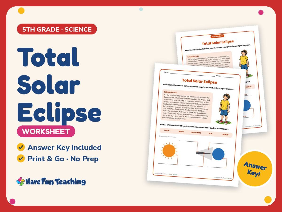 Total Solar Eclipse Worksheet – 5th Grade Light & Moon Practice preview