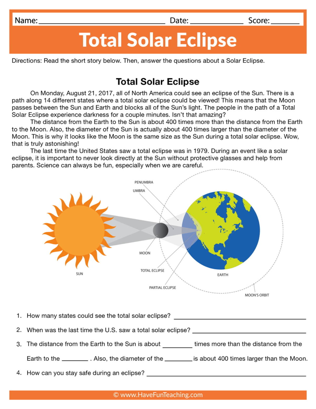 An educational teaching resource from Have Fun Teaching entitled Total Solar Eclipse Worksheet downloadable at Teach Simple.