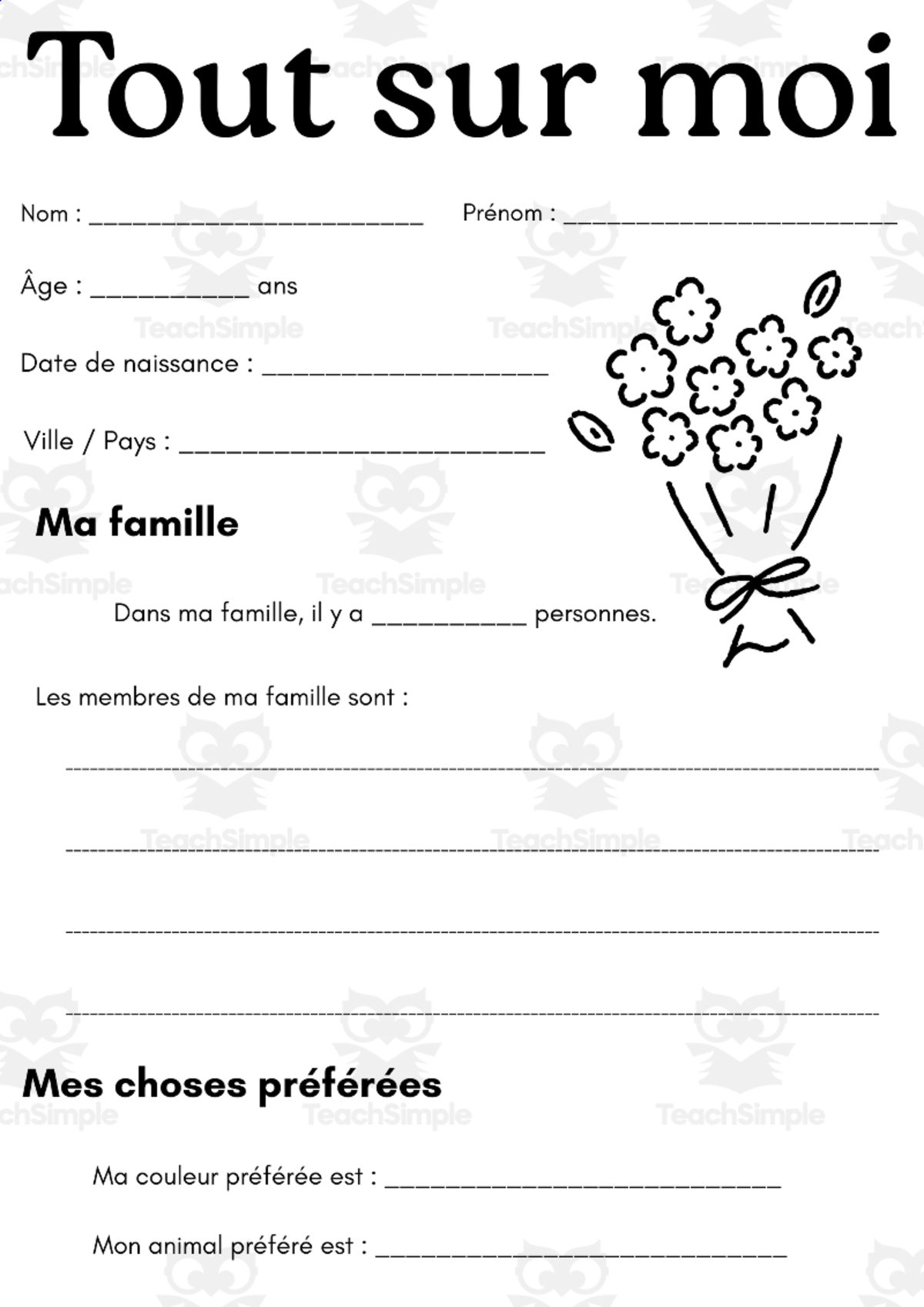An educational teaching resource from MultiLingual Grammar Lab entitled Tout sur moi - all about me french worksheet downloadable at Teach Simple.
