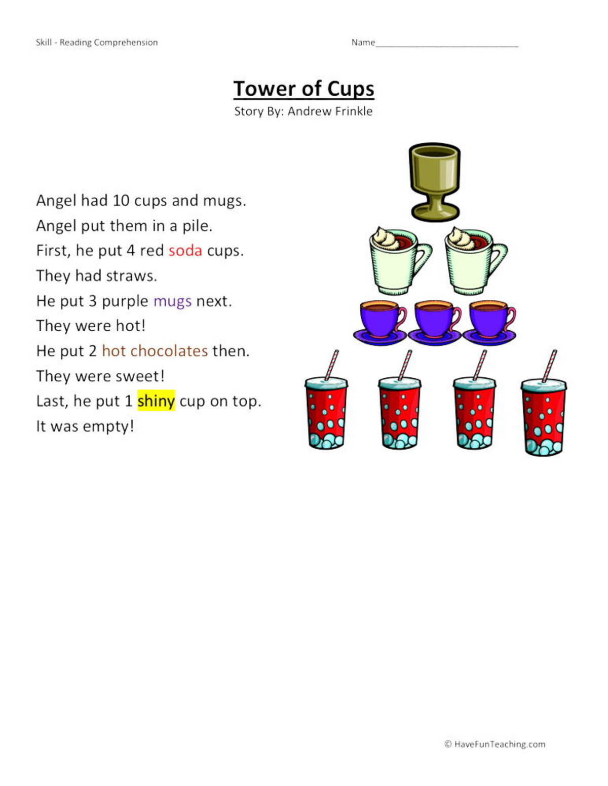 An educational teaching resource from Have Fun Teaching entitled Tower of Cups Reading Comprehension Worksheet downloadable at Teach Simple.