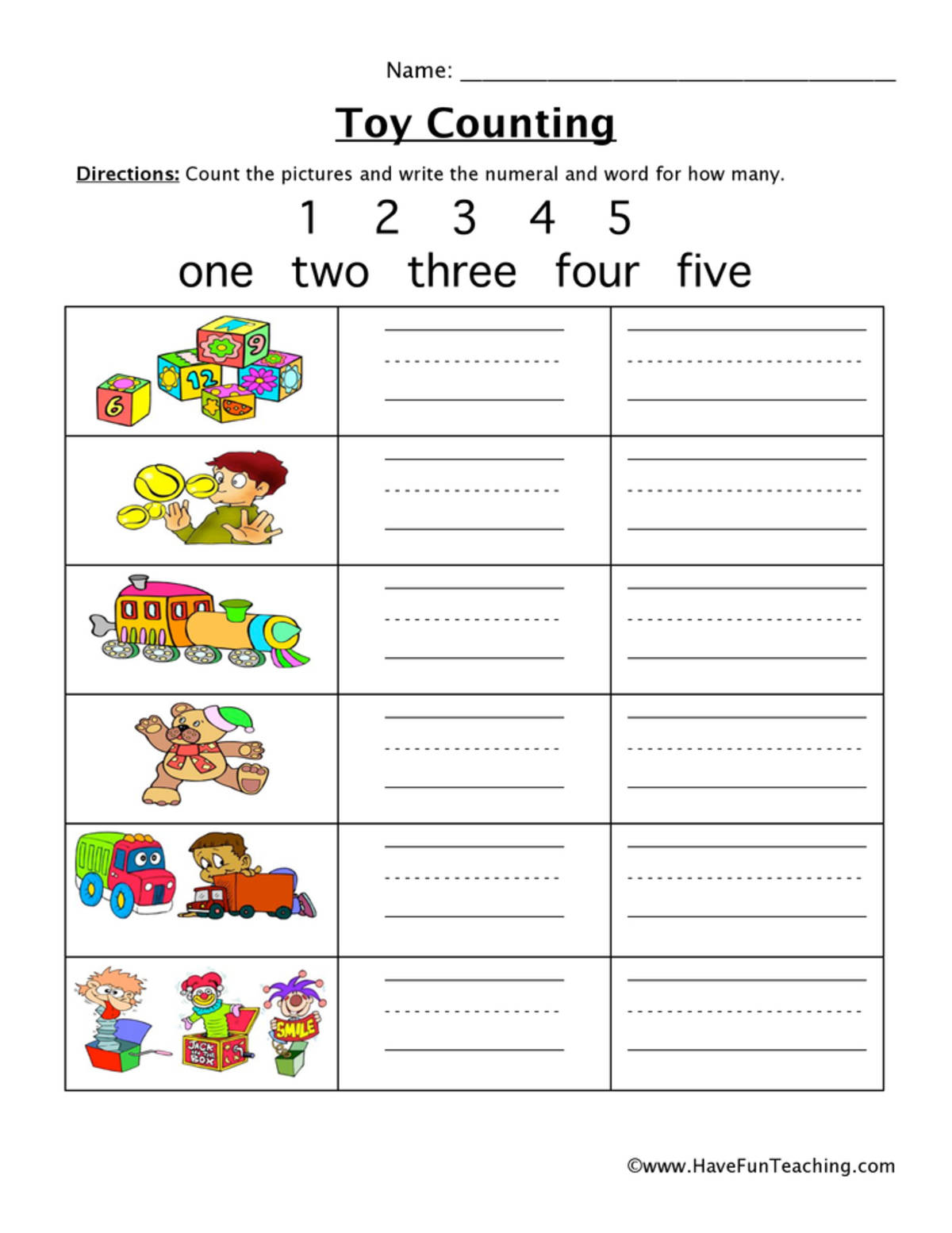 An educational teaching resource from Have Fun Teaching entitled Toy Counting 1-5 Worksheet downloadable at Teach Simple.