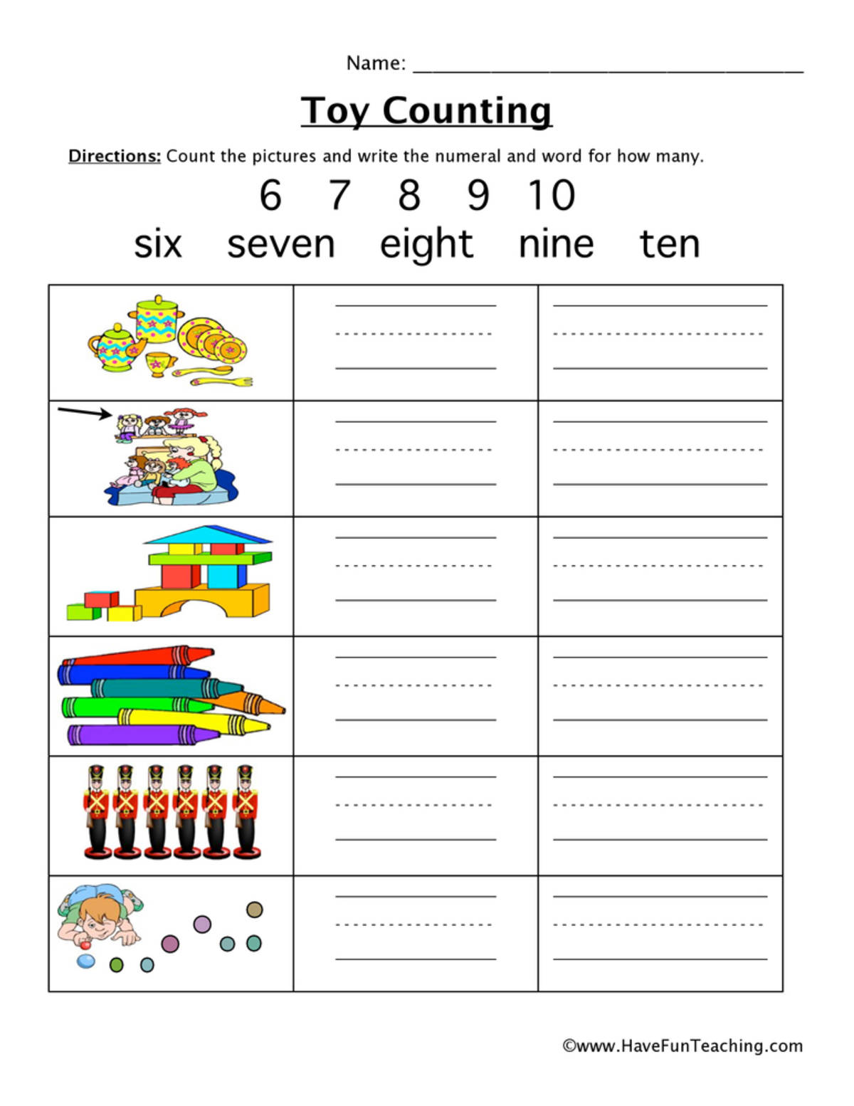 An educational teaching resource from Have Fun Teaching entitled Toy Counting 6-10 Worksheet downloadable at Teach Simple.