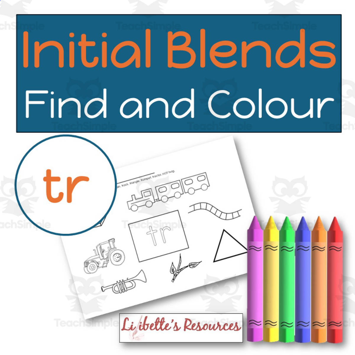 An educational teaching resource from Lilibette's Resources entitled TR Blend Find and Colour Phonics Worksheet to Develop Phonemic downloadable at Teach Simple.