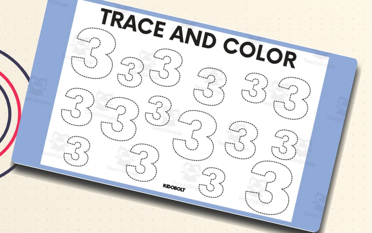 An educational teaching resource from Sarita - Kidobolt entitled Trace and Colour Number Shape - 3 downloadable at Teach Simple.