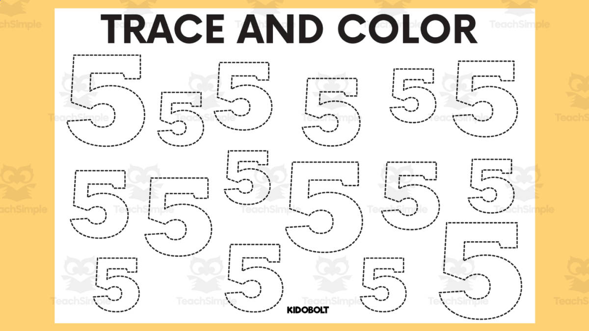 An educational teaching resource from Sarita - Kidobolt entitled Trace and Color Number Shape - 5 downloadable at Teach Simple.