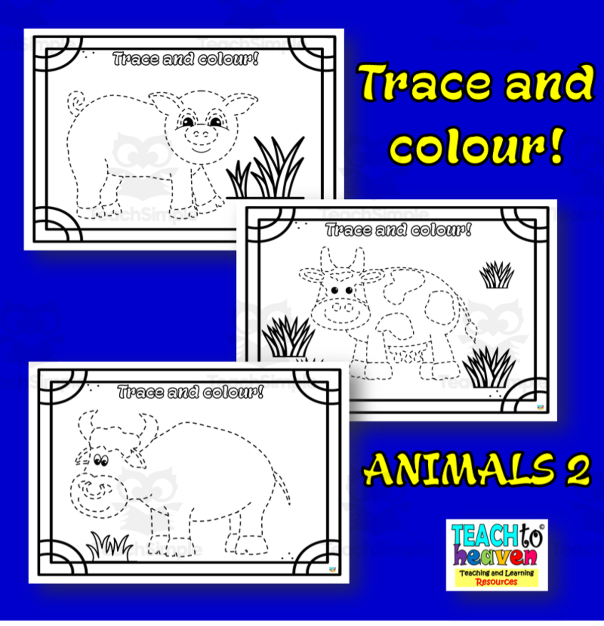 An educational teaching resource from Teach To Heaven, Reoulita.com entitled Trace and colour 5 (farm animals) downloadable at Teach Simple.