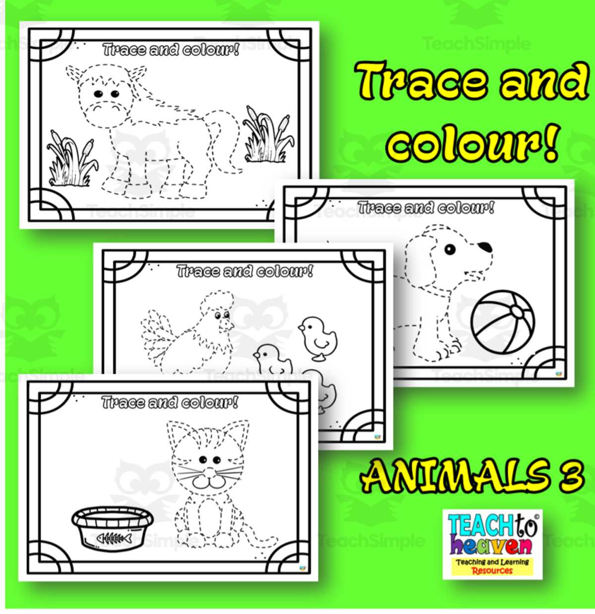 An educational teaching resource from Teach To Heaven,  Reoulita.com entitled Trace and colour 6 (farm animals) downloadable at Teach Simple.