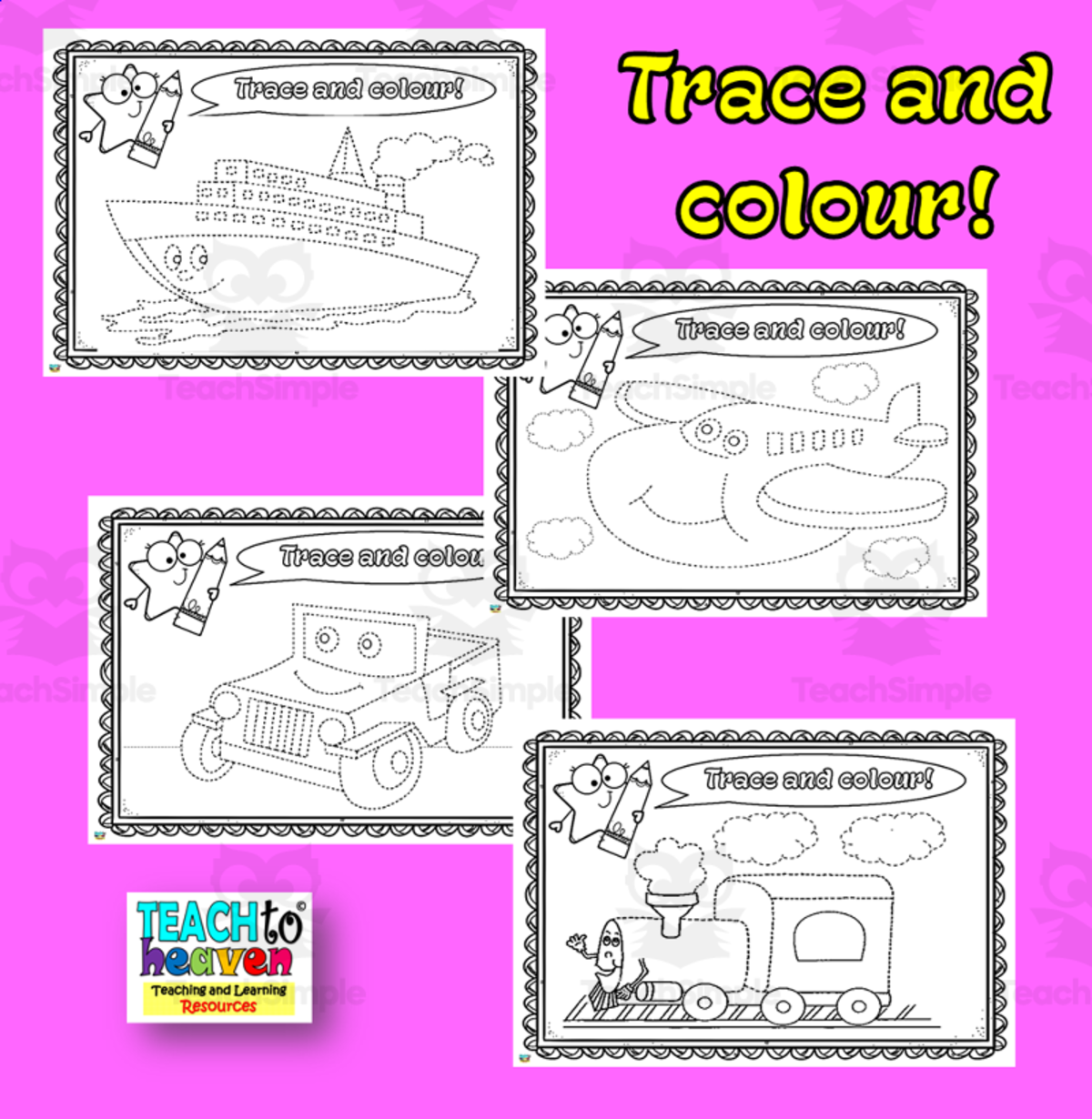 An educational teaching resource from Teach To Heaven, Reoulita.com entitled Trace and colour 8 (means of transportation) downloadable at Teach Simple.