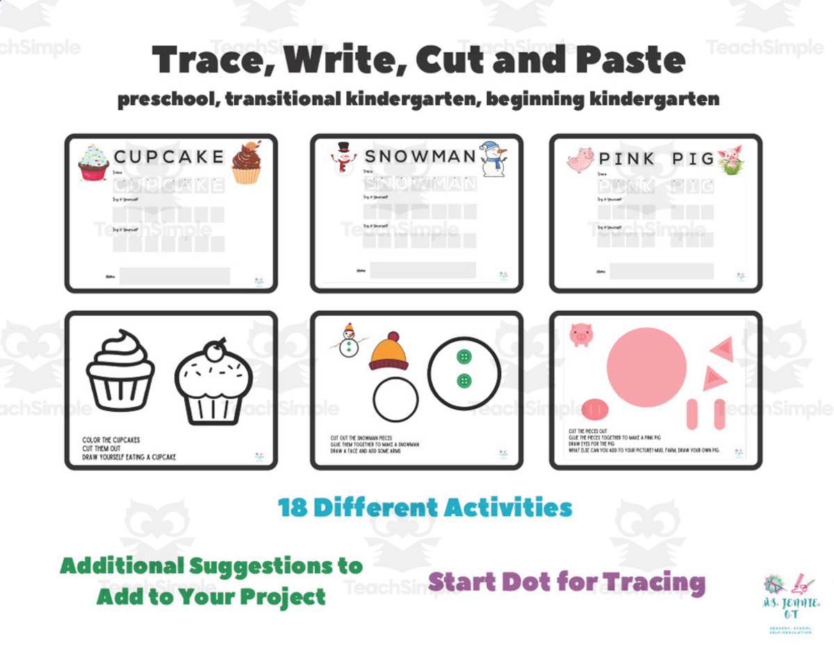 An educational teaching resource from MsJennieOT entitled Trace, Write, Cut and Paste Worksheets downloadable at Teach Simple.