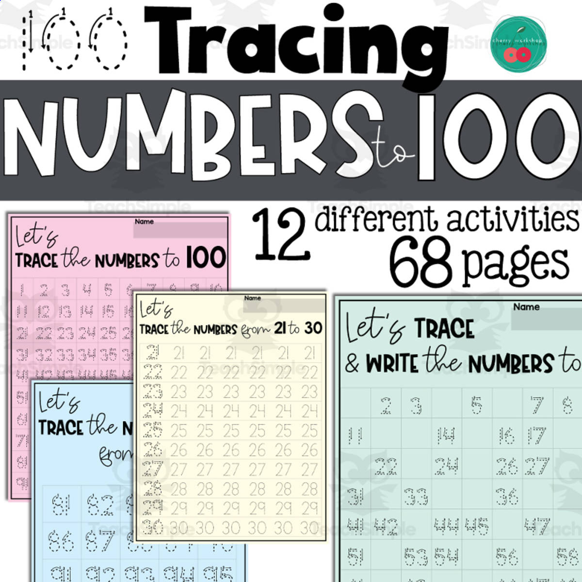 An educational teaching resource from Cherry Workshop entitled Tracing Numbers to 100 Worksheets downloadable at Teach Simple.