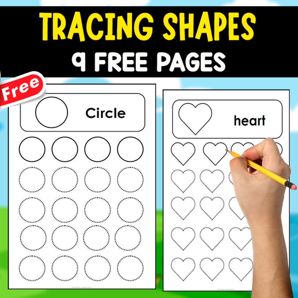 An educational teaching resource from EDITORIAL LAURA EDUCA entitled TRACING SHAPES IN ENGLISH | 9 FREE PAGES downloadable at Teach Simple.