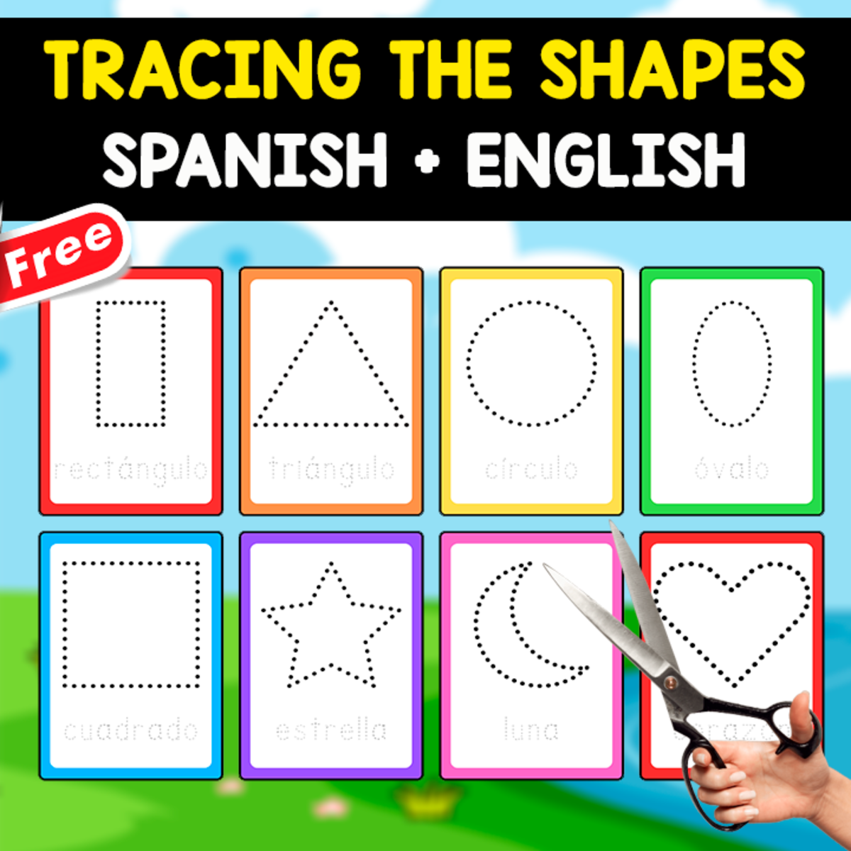 An educational teaching resource from EDITORIAL LAURA EDUCA entitled TRACING THE SHAPES FLASHCARDS | ENGLISH + SPANISH downloadable at Teach Simple.
