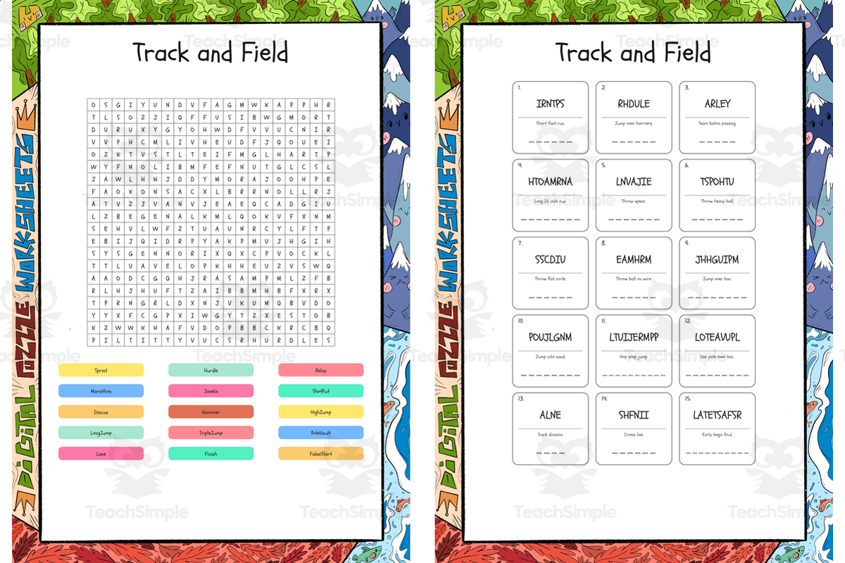 An educational teaching resource from Lapiiin Art Activities entitled Track and Field word search, scramble and crossword puzzle downloadable at Teach Simple.