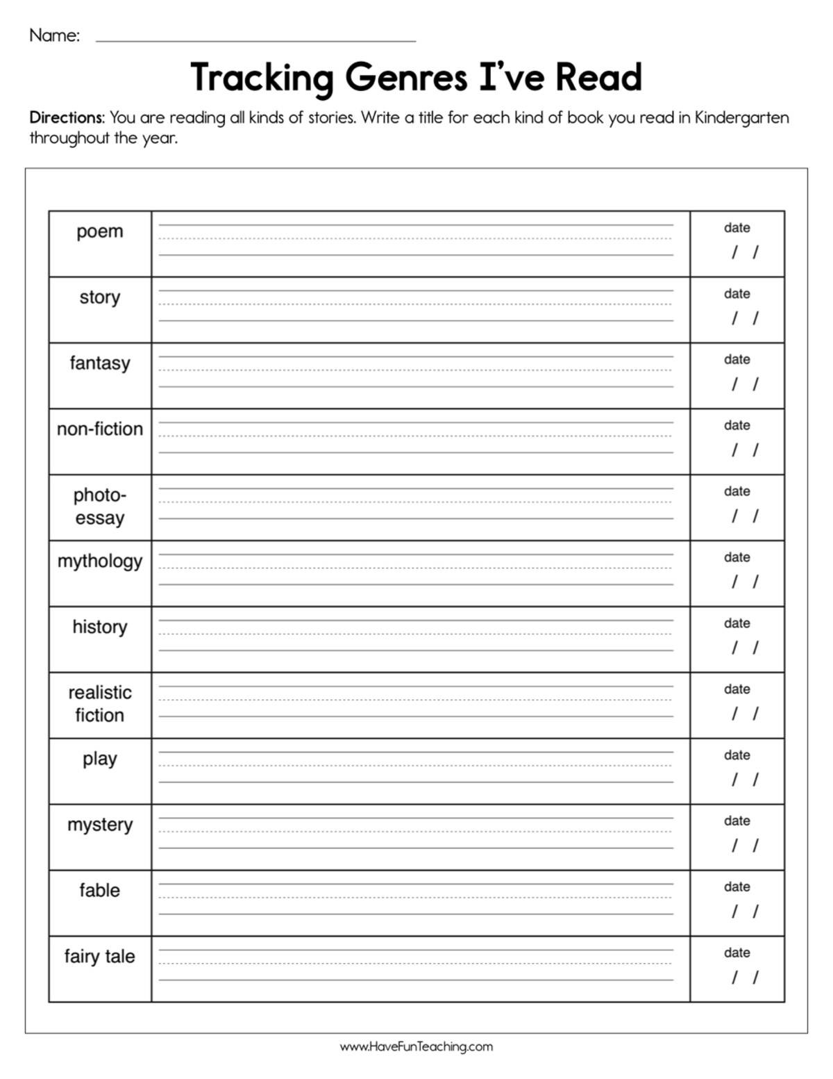 An educational teaching resource from Have Fun Teaching entitled Tracking Genres I've Read Worksheet downloadable at Teach Simple.