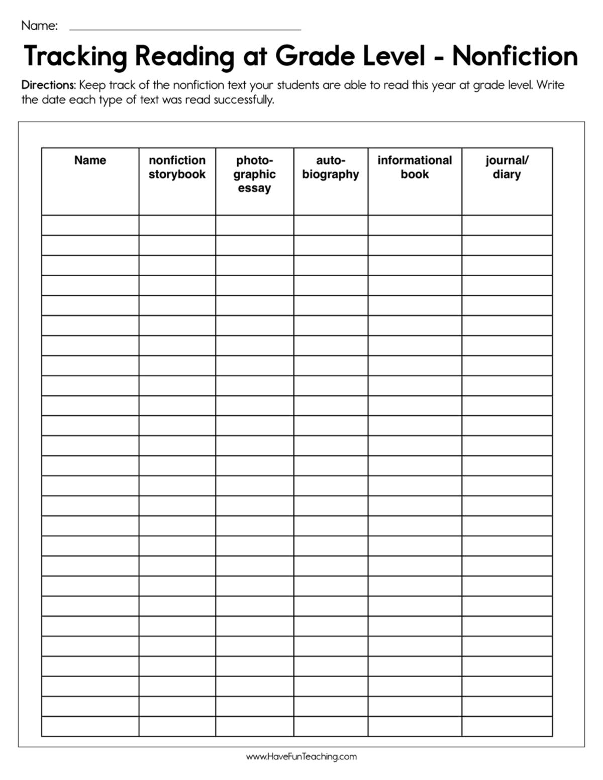 An educational teaching resource from Have Fun Teaching entitled Tracking Reading at Grade Level Nonfiction Worksheet downloadable at Teach Simple.