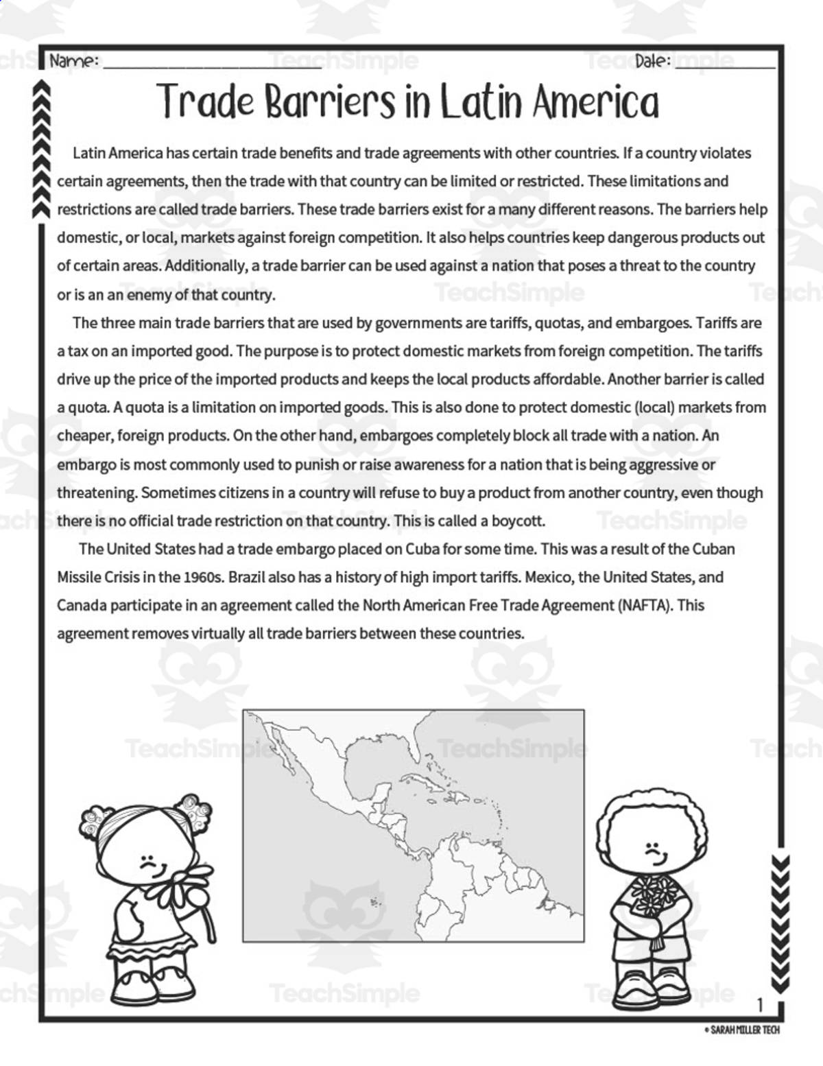 An educational teaching resource from Sarah Miller Tech entitled Trade Barriers in Latin America Reading Packet downloadable at Teach Simple.