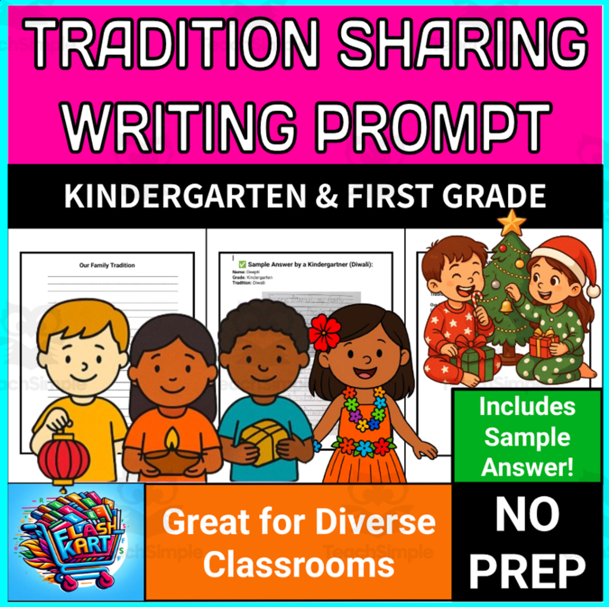 An educational teaching resource from FlashKart entitled Tradition Sharing Writing Prompt (Kindergarten & 1st Grade) SST & ELA downloadable at Teach Simple.