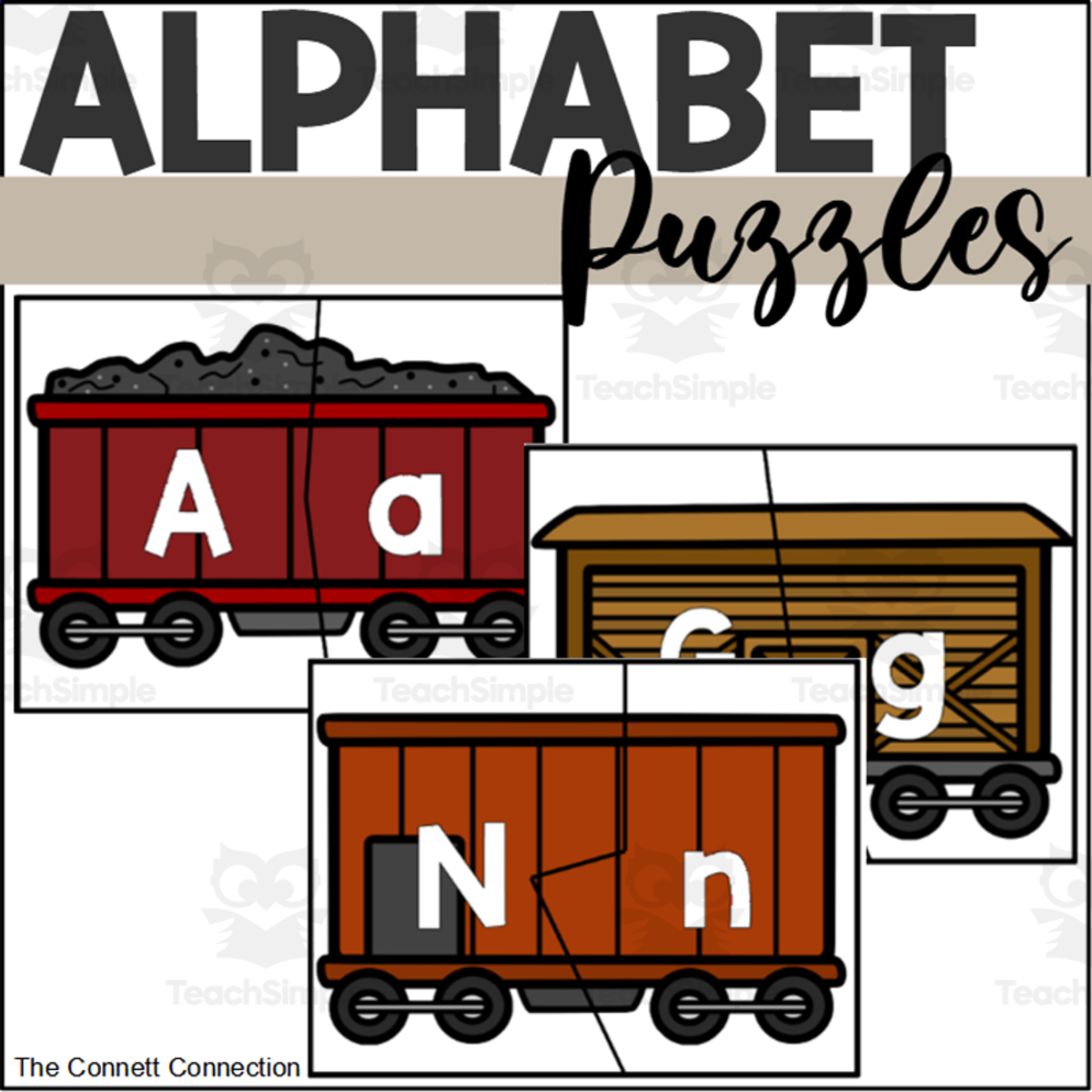 An educational teaching resource from The Connett Connection entitled Train Alphabet Puzzles downloadable at Teach Simple.