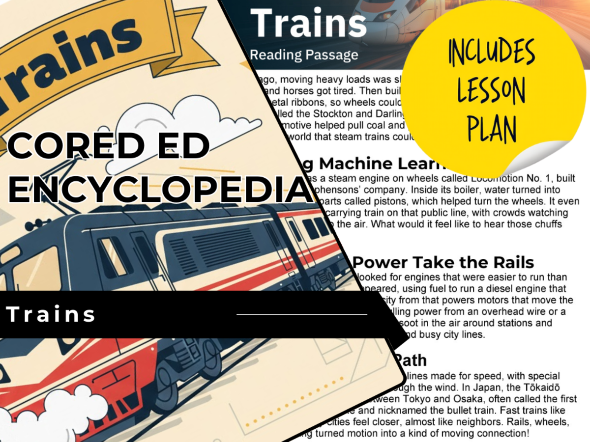 An educational teaching resource from Cored Education entitled Trains Reading Comprehension Passage - Cored Ed Encyclopedia downloadable at Teach Simple.