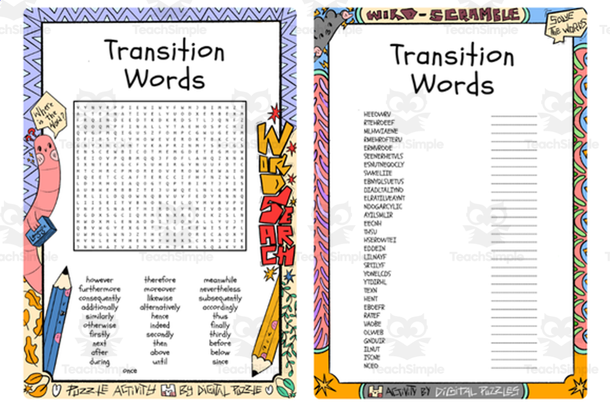 An educational teaching resource from Lapiiin Art Activities entitled Transition Words word search & scramble downloadable at Teach Simple.