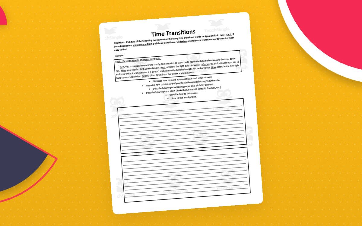 An educational teaching resource from ELA Resources entitled Transitions Practice Worksheets downloadable at Teach Simple.