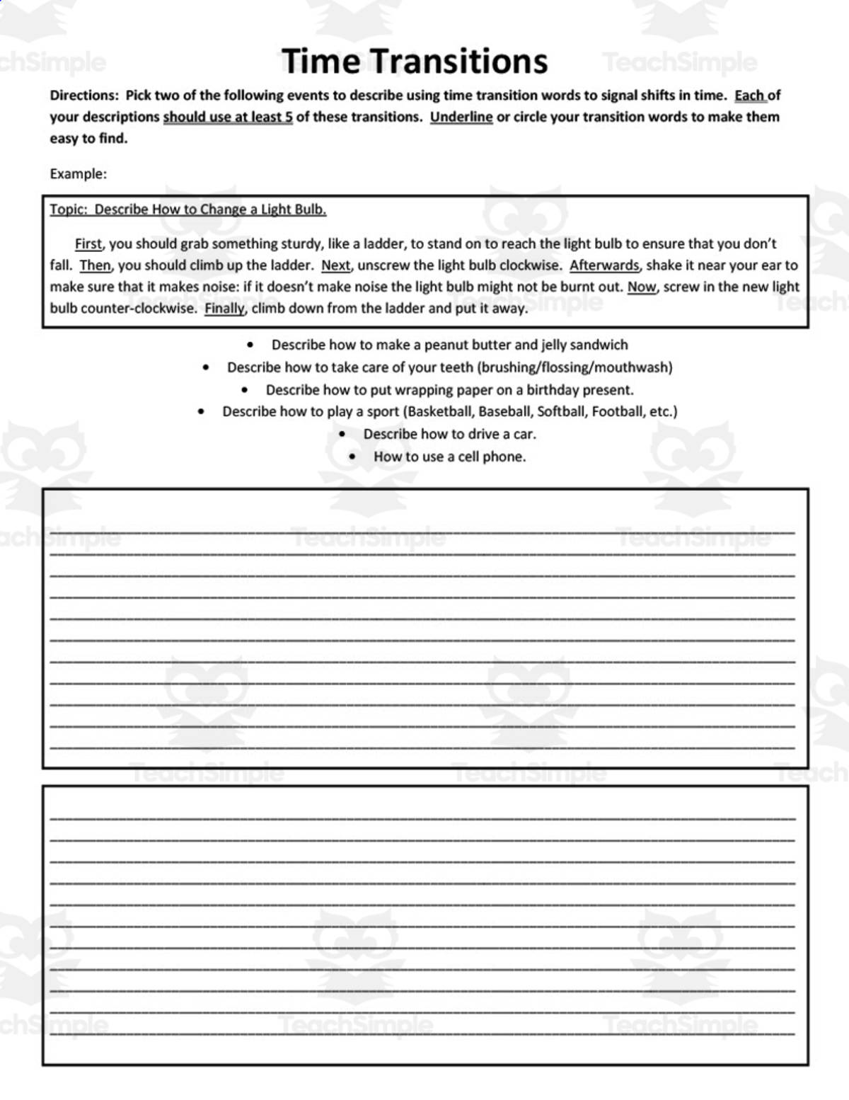 An educational teaching resource from ELA Resources entitled Transitions Practice Worksheets downloadable at Teach Simple.