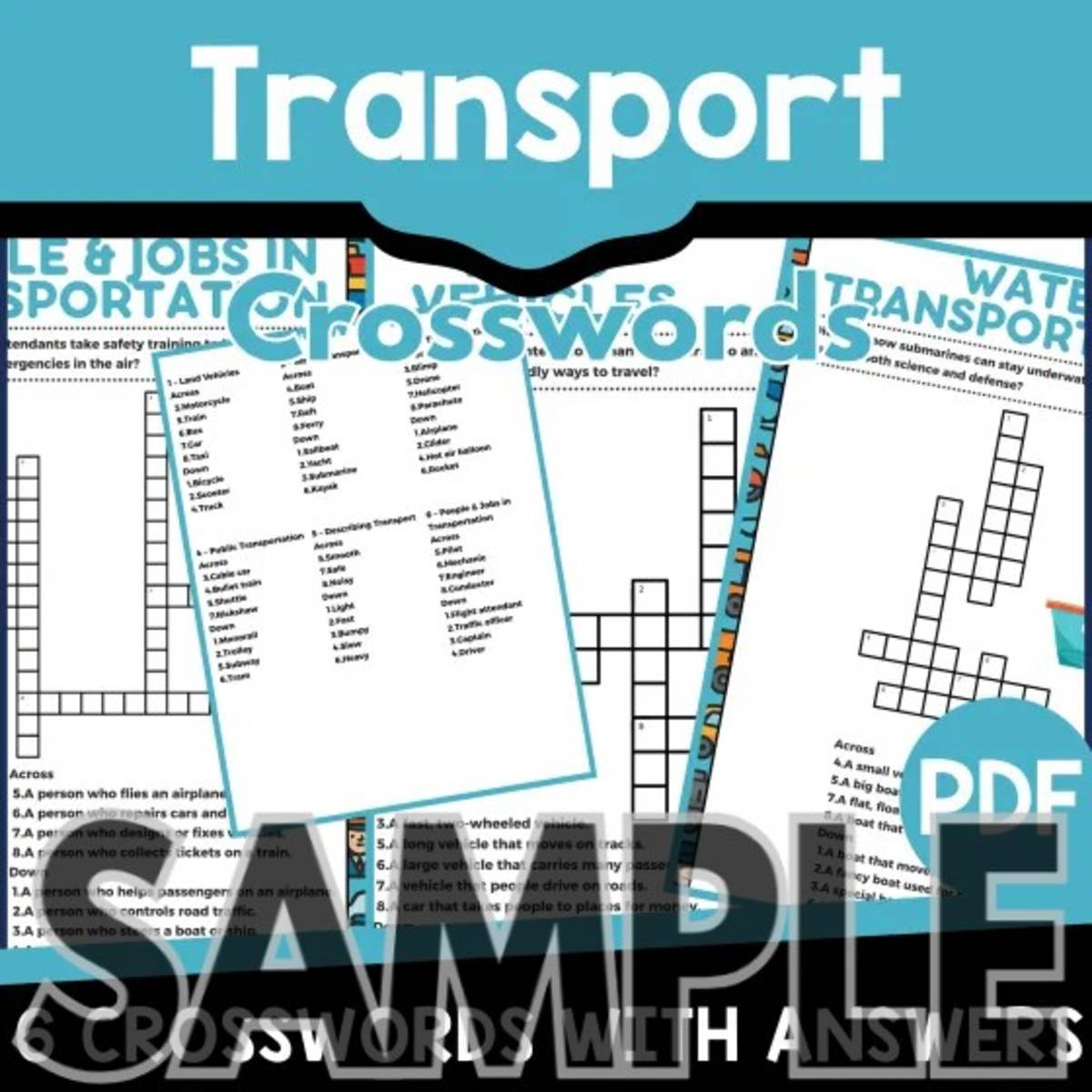 An educational teaching resource from Cored Education entitled Transport Crossword: 1 Page Sample (PDF) downloadable at Teach Simple.