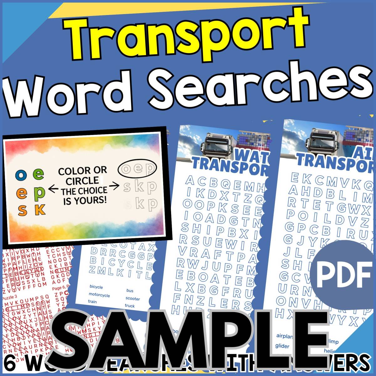 An educational teaching resource from Cored Education entitled Transport Word Searches: 1 Page Sample (PDF) downloadable at Teach Simple.