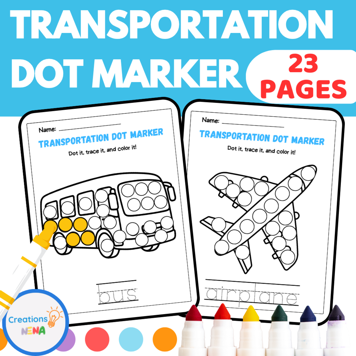 An educational teaching resource from Nena Creations entitled Transportation Dot Marker Worksheets downloadable at Teach Simple.