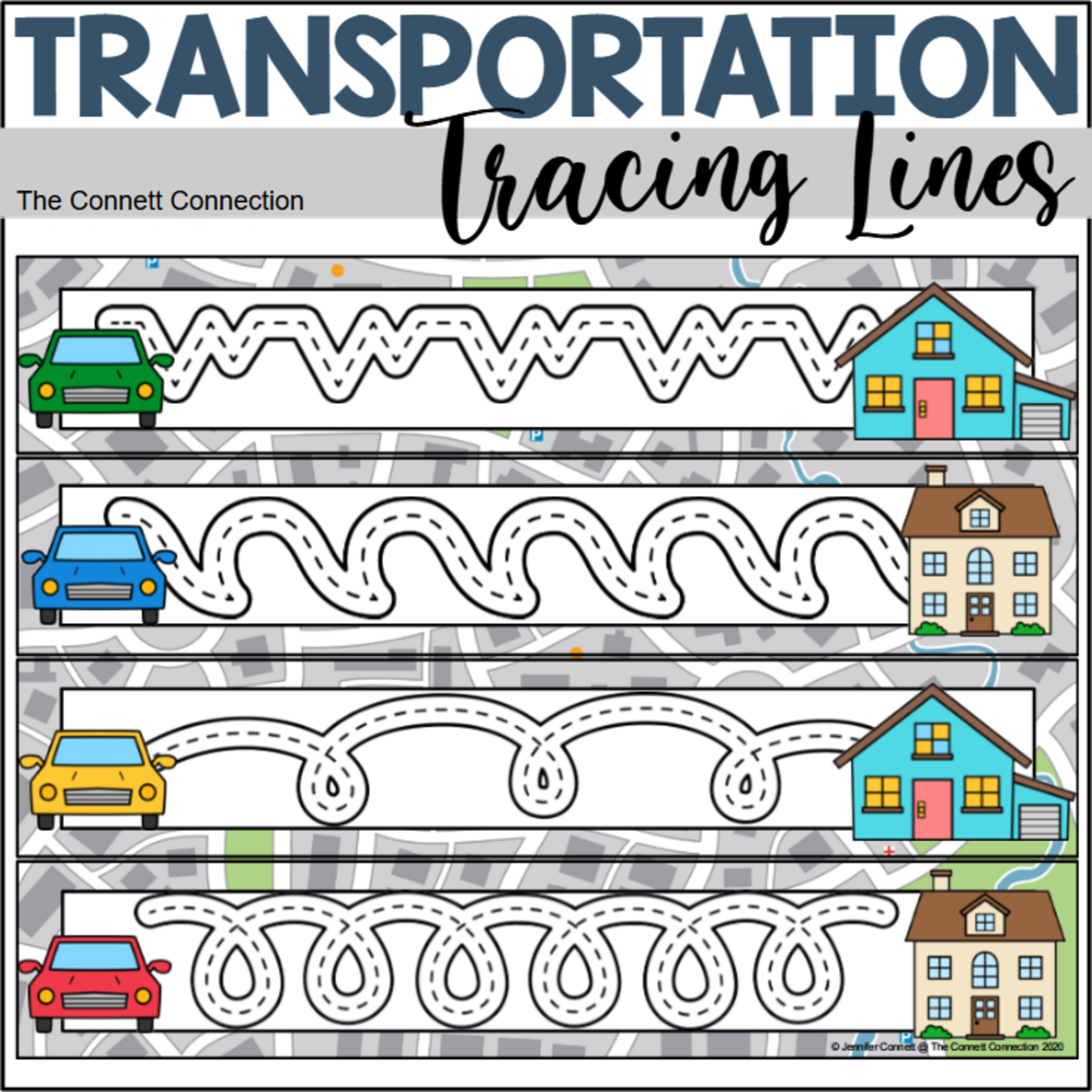 An educational teaching resource from The Connett Connection entitled Transportation Prewriting Tracing Lines downloadable at Teach Simple.