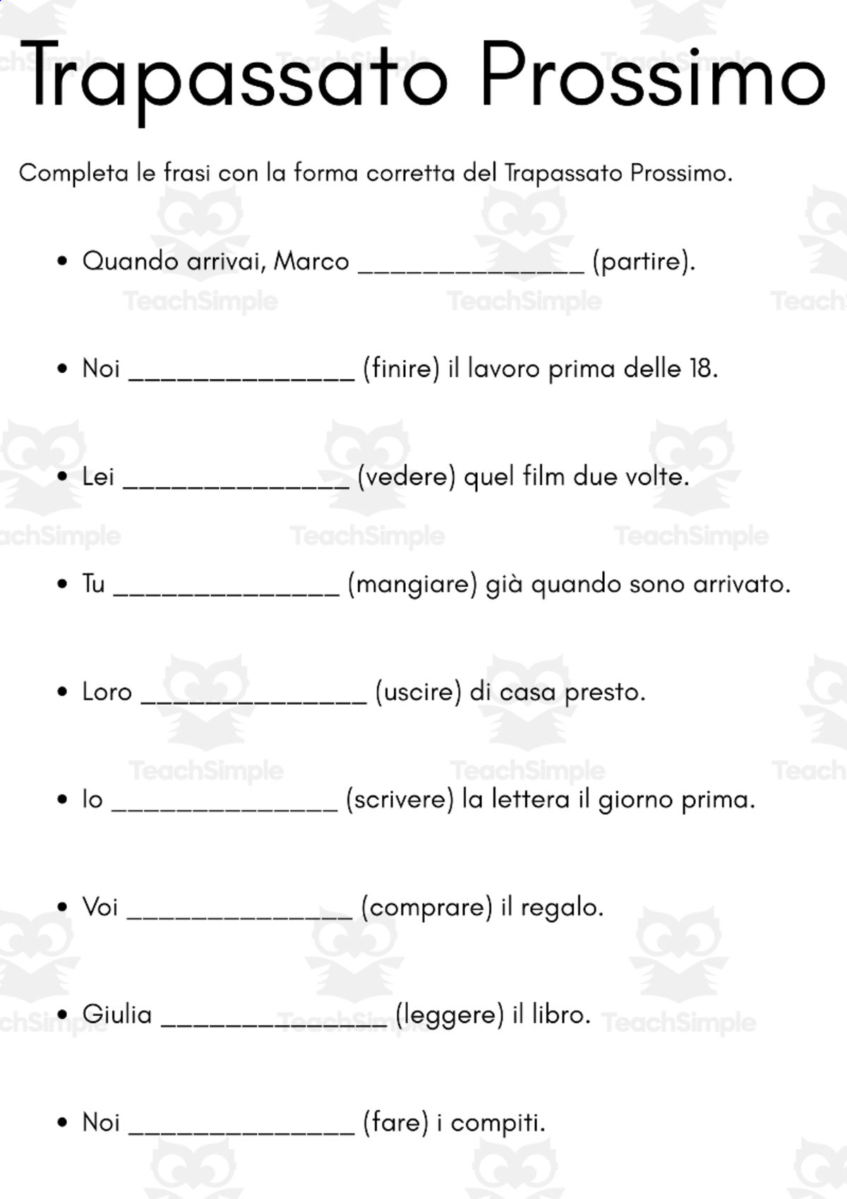 An educational teaching resource from MultiLingual Grammar Lab entitled trapassato prossimo italian exercises downloadable at Teach Simple.