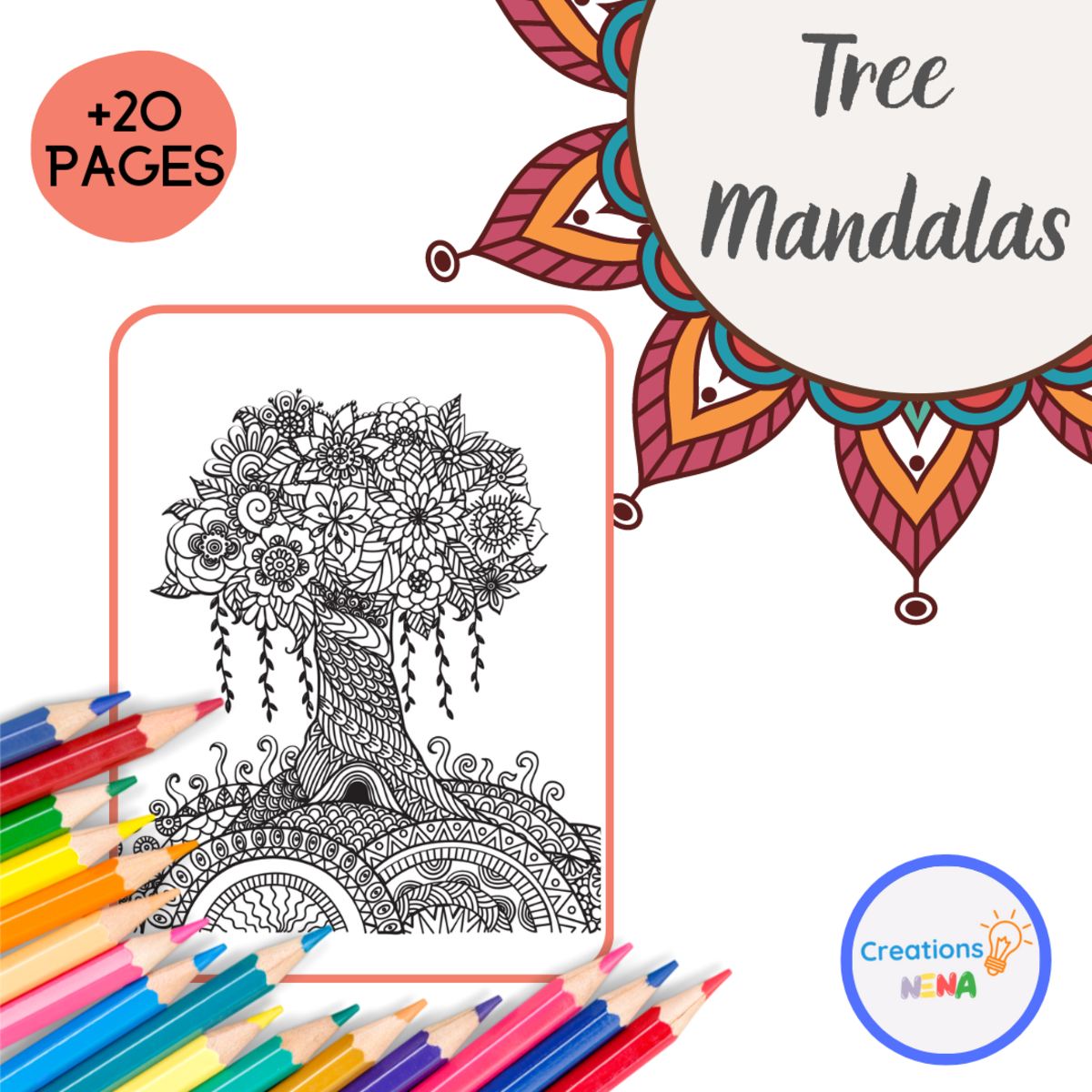 An educational teaching resource from Nena Creations entitled Tree Mandalas Coloring Pages. downloadable at Teach Simple.