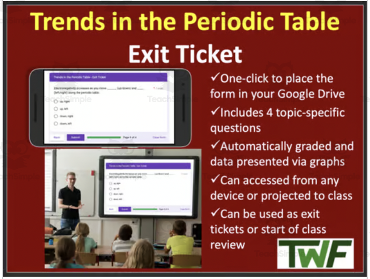 An educational teaching resource from Teach With Fergy entitled Trends in the Periodic Table - Exit Ticket and Review Activity downloadable at Teach Simple.