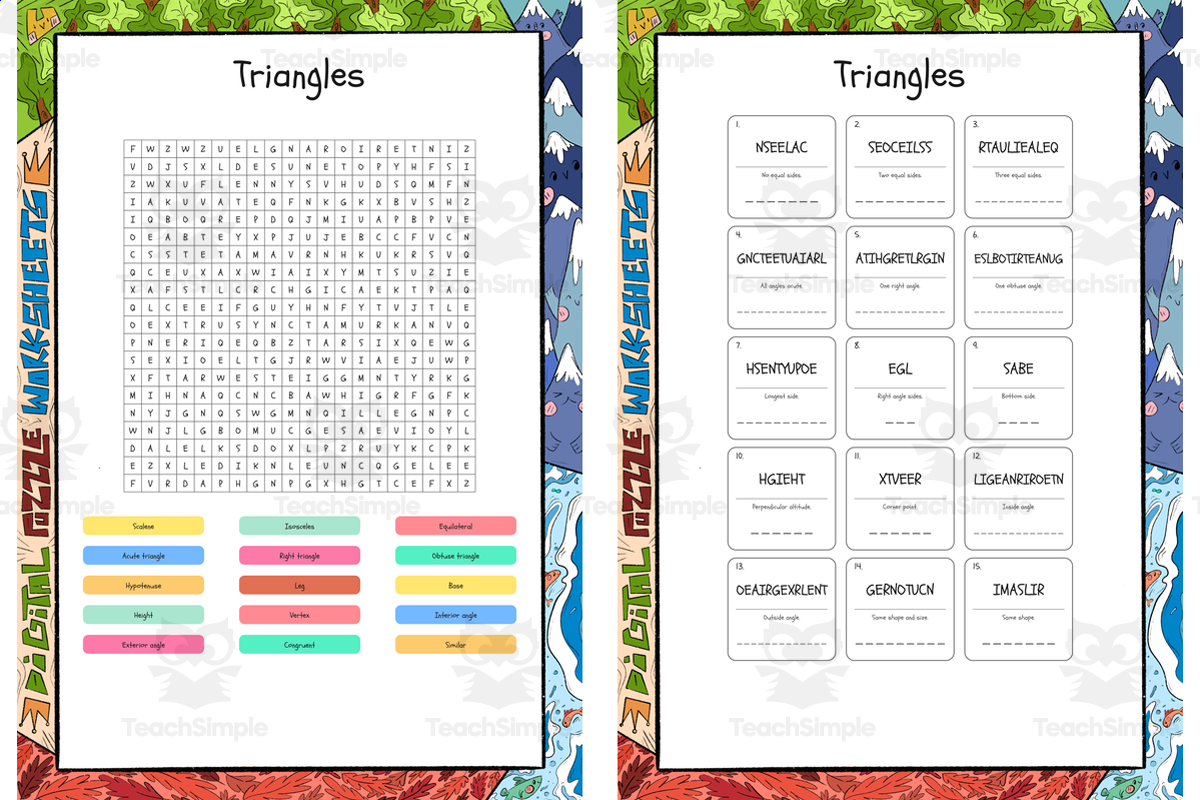 An educational teaching resource from Lapiiin Art Activities entitled Triangles word search, scramble and crossword puzzle downloadable at Teach Simple.