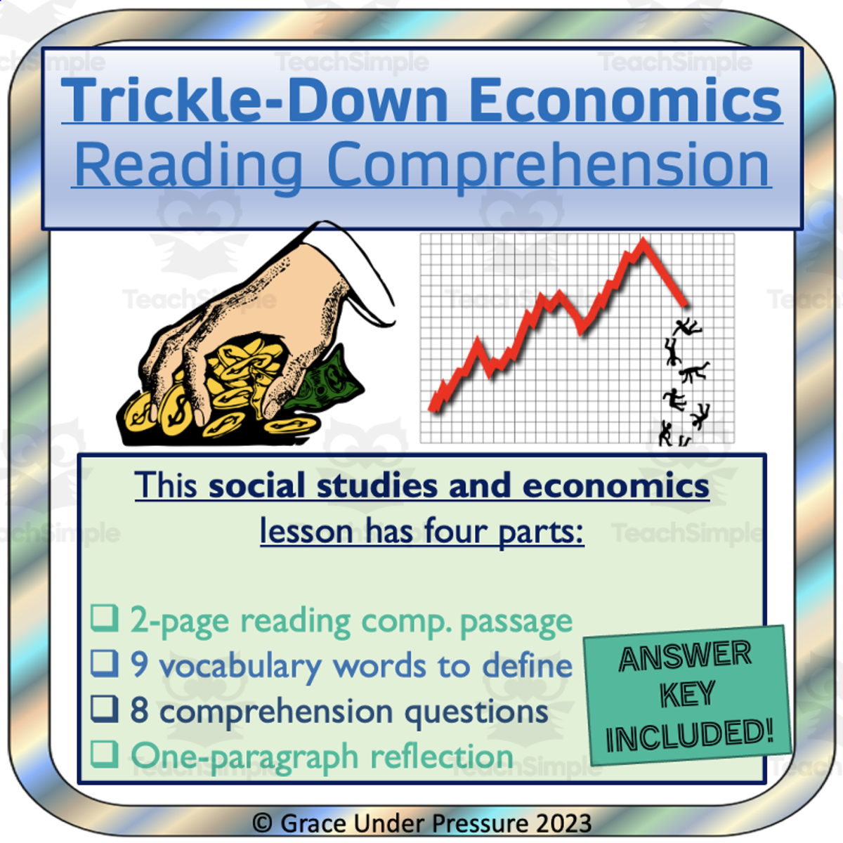 An educational teaching resource from Grace Under Pressure entitled Trickle-Down Economics: Reading Comp. & Reflection for High School downloadable at Teach Simple.