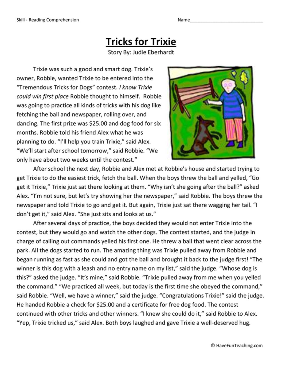 An educational teaching resource from Have Fun Teaching entitled Tricks for Trixie Reading Comprehension Worksheet downloadable at Teach Simple.